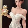 One-word shoulder lace fishbone bra with chest pad, summer new sexy lace-up sleeveless back zipper back top