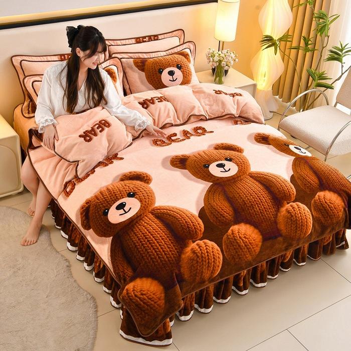 Thickened Milk Fleece Four-Piece Warm Double-Sided Coral Fleece Quilt Cover Flannel Sheet Bed Skirt Bedding