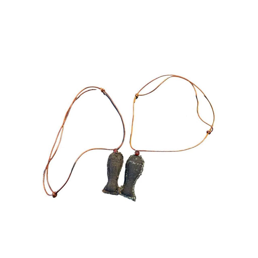 Handmade Wire-Wrapped Fabric Fish Necklace with Vintage Cowhide Rope and Agate Choker