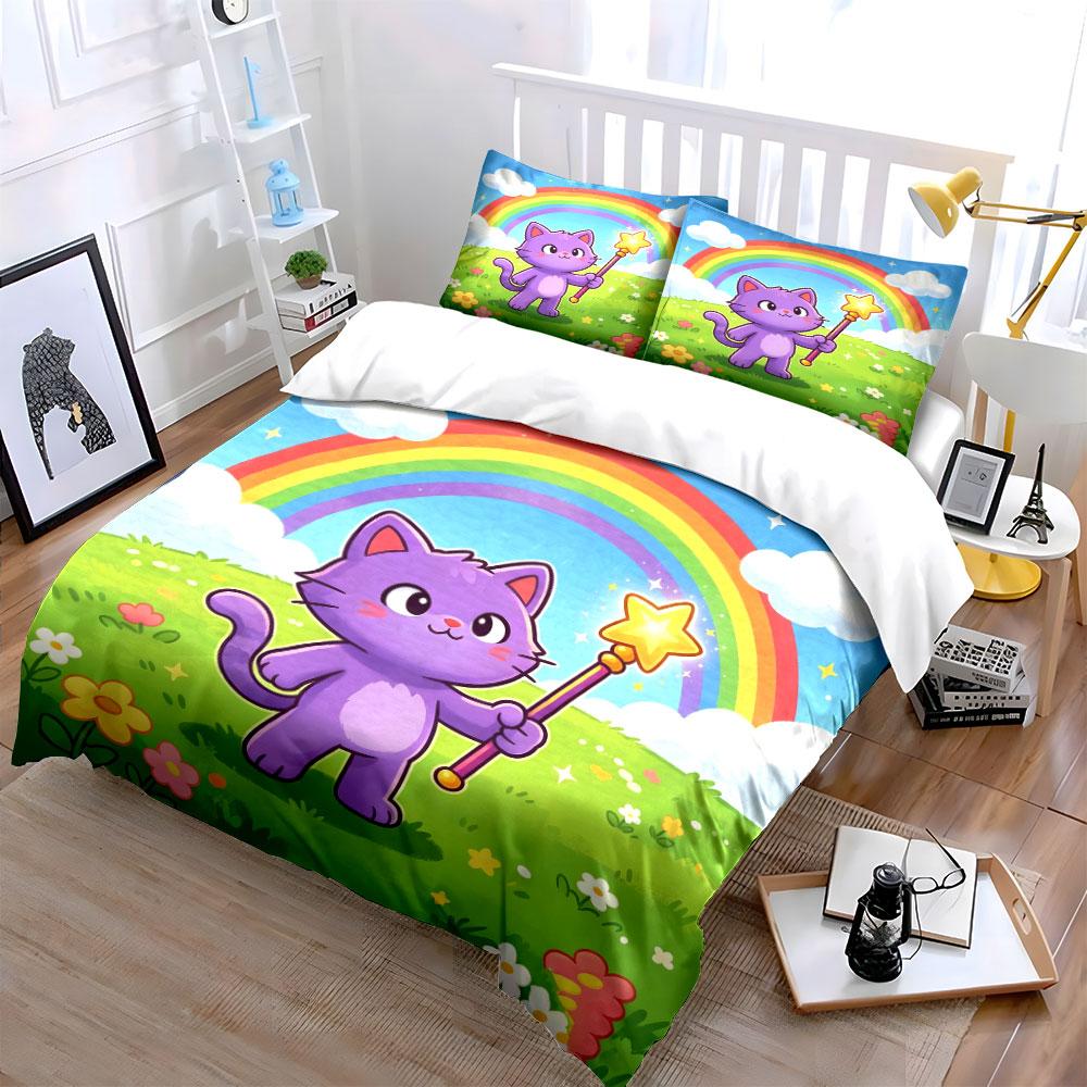 Cute Cat Rainbow Decor Set Soft Comfortable Duvet Cover Bedding Set Included 1*Duvet Cover & 2*Pillowcases, Gift