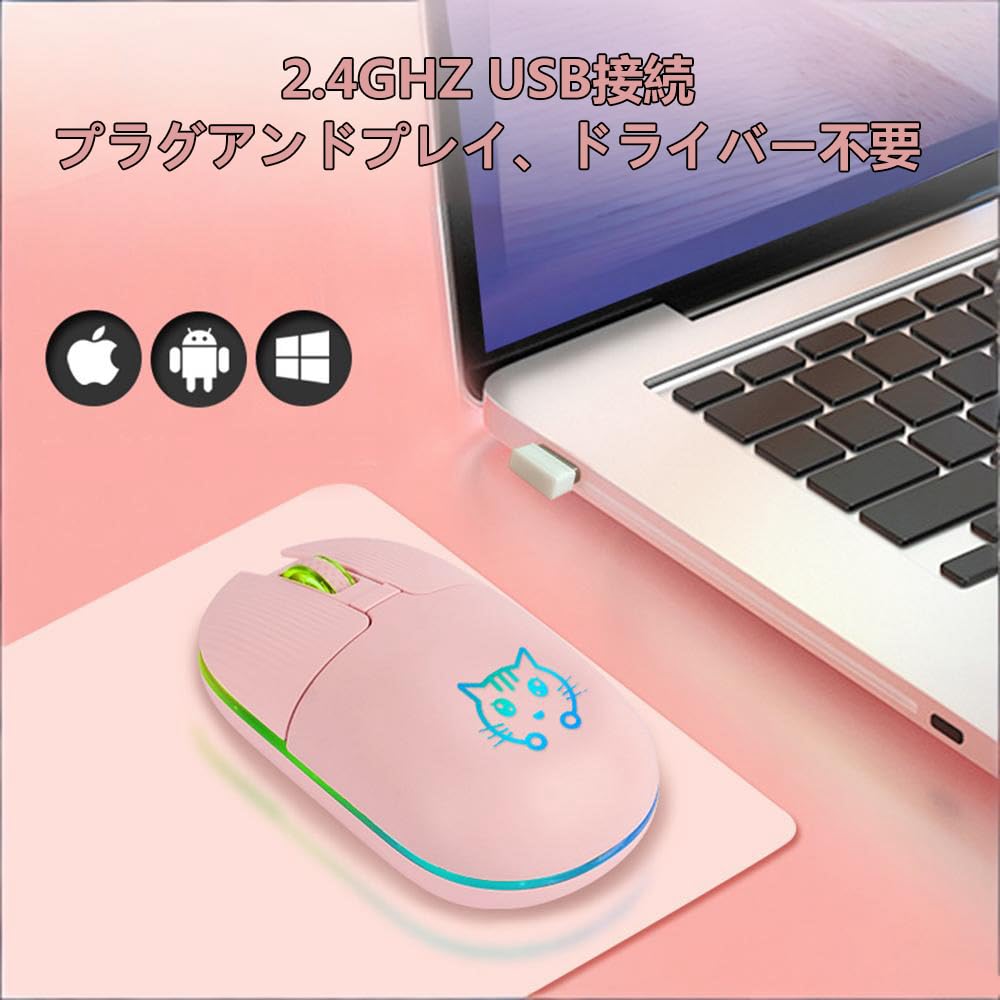Wireless Mouse, 2.4GHz, USB Receiver Storage, Cat Pattern, Silent Operation, Type-C Rechargeable, 7-Color RGB Lighting, 3-Stage DPI Switching,