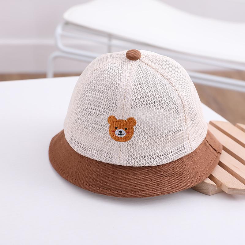 Cute Bear Sunscreen Basin Cap For Kids Summer Breathable Mesh Fisherman Hat 5-24M Boy Girl Large Brim Visors Cartoon Baby Bucket Hats