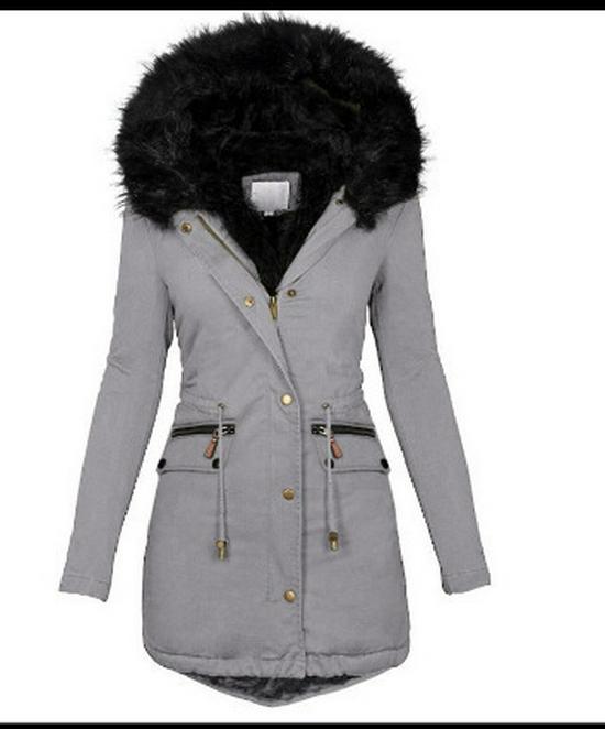 2024 Autumn/Winter Slimming Women's Solid Fur-Collar Hooded Mid-Length Warm Cotton Coat