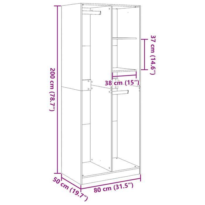 VidaXL Garde-robe gris béton 80x50x200 cm bois d'ingénierie, armoire de rangement, organisateur de garde-robe, armoire, 3307759