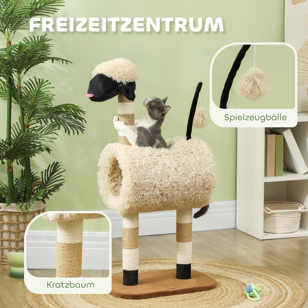 Škrabadlo pro kočky v designu ovečky, se škrabacími sloupky, tunelem a hračkou, 98 cm, světle hnědé