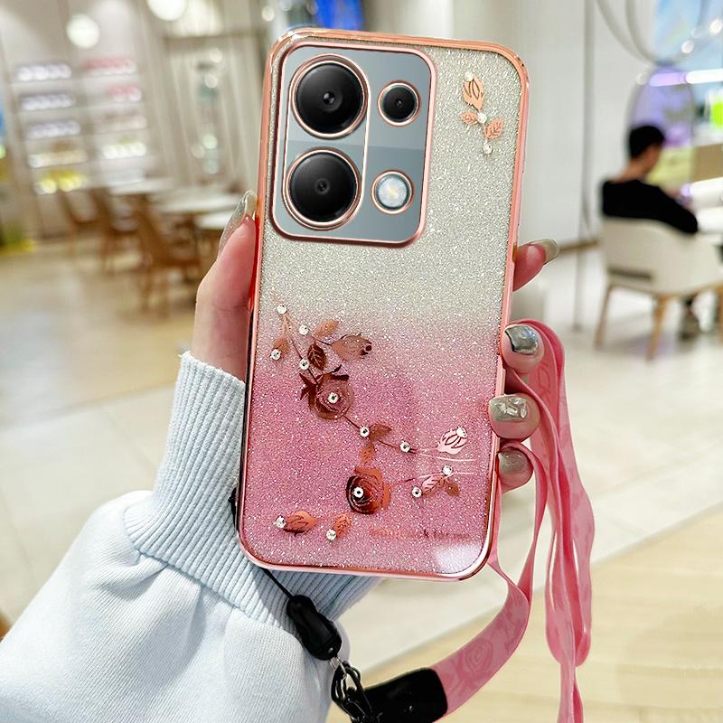 KADEM Phone Case For Xiaomi Redmi Note 13 Pro 4G/Note 14S 4G/Poco M6 Pro 4G,Flower Pattern TPU Gradient Cover with Lanyards