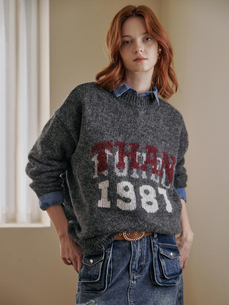 MAXZA Lettering Melange Wool Blend Loose Fit Round Neck Knit