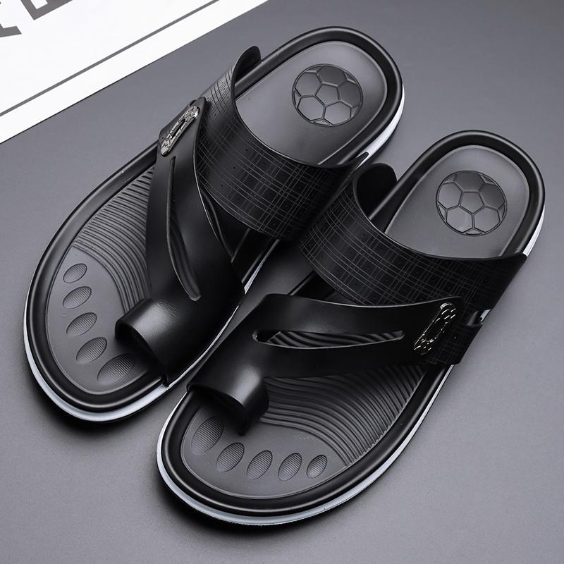 Men Flats Slippers Summer Brown Wide Head Roman Sandals Retro Flip Flops Black Leather Beach Shoes Plus Size
