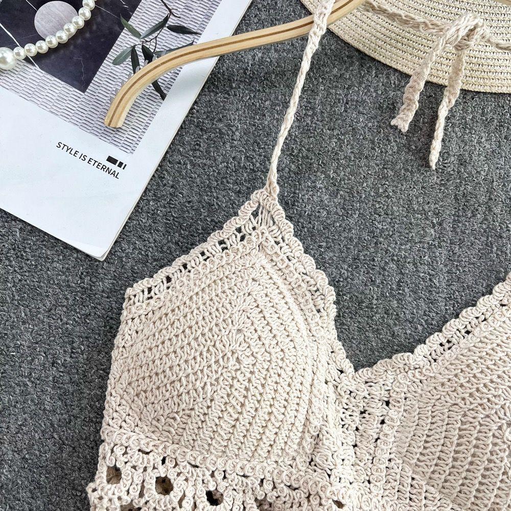 Tassel Crop Tops Retro Wild Hollow Perspective Sexy Spaghetti Strap Tanke Top Women Built In Bra New Back Lace Halter Neck