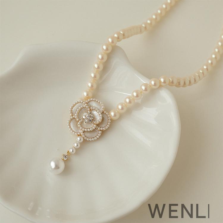 Charm Pearl Beaded White Camellia Flower Pendant Necklace for Women New Korea Fashion Collarbone Chain Jewelry Accessories Gift