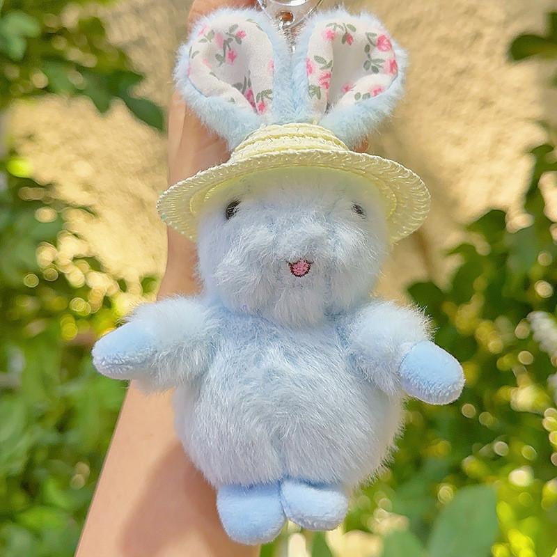 Cute Plush Rabbit Keychain With Floral Ear And Straw Hat Design For Daily Use