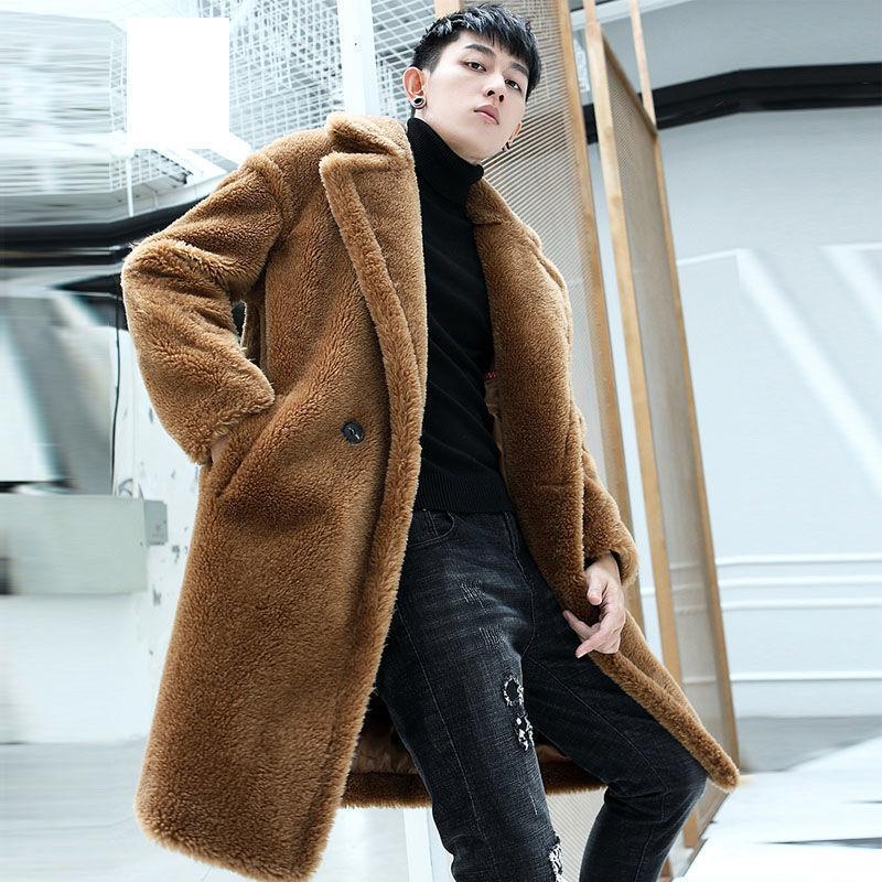 Winter New Thickened Sheep Shearing Men's Long Trench Coat Over the Knee To Keep Warm Imitation Fur Coat Wool Coat