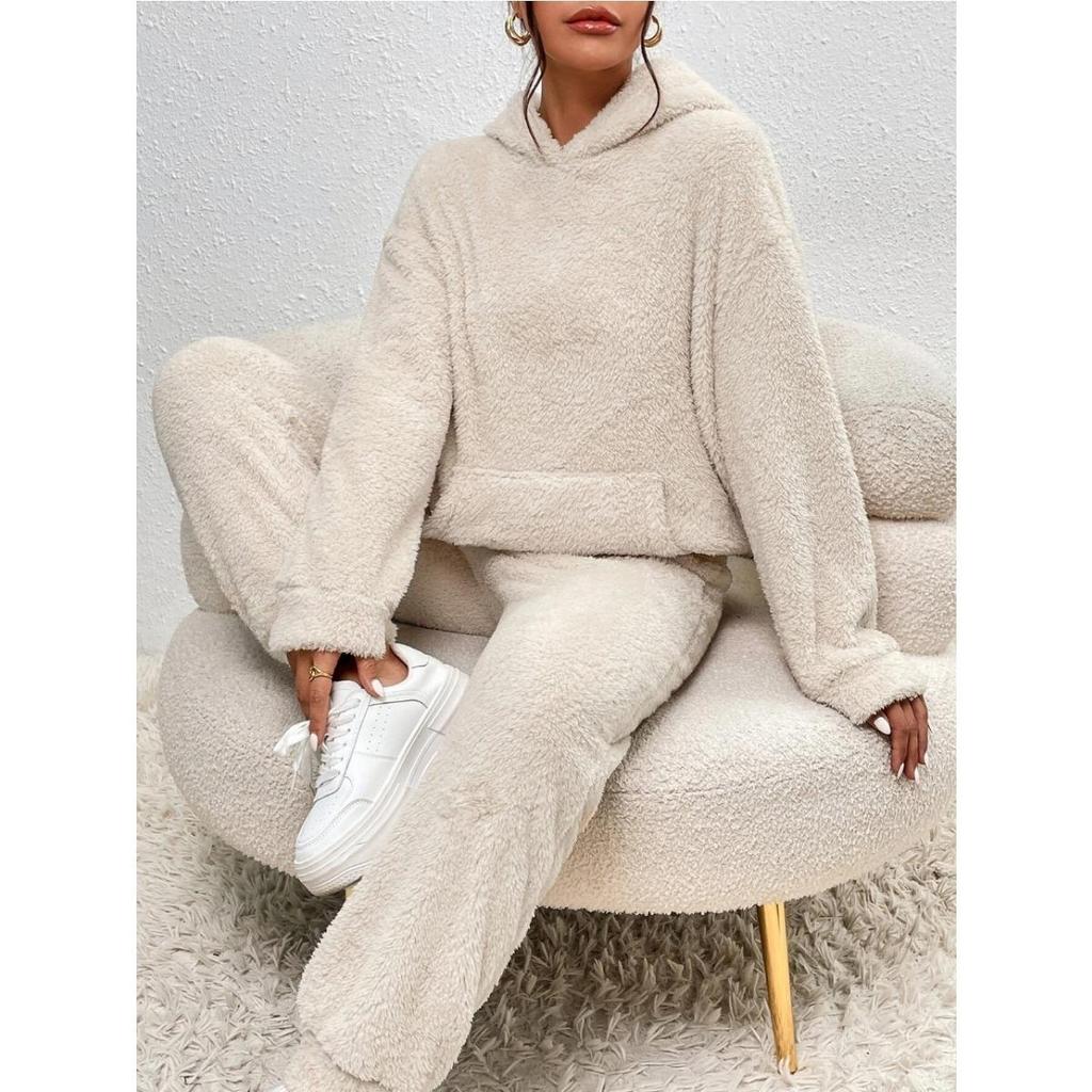 Abbigliamento da donna autunnale e invernale a tinta unita, set due pezzi casual da casa con felpa con cappuccio a maniche lunghe, tasca applicata e pantaloni