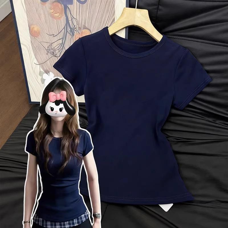 Navy blue front shoulder short-sleeved t-shirt women s summer new American loose design sense niche slim top women s [recommended within 45kg days]