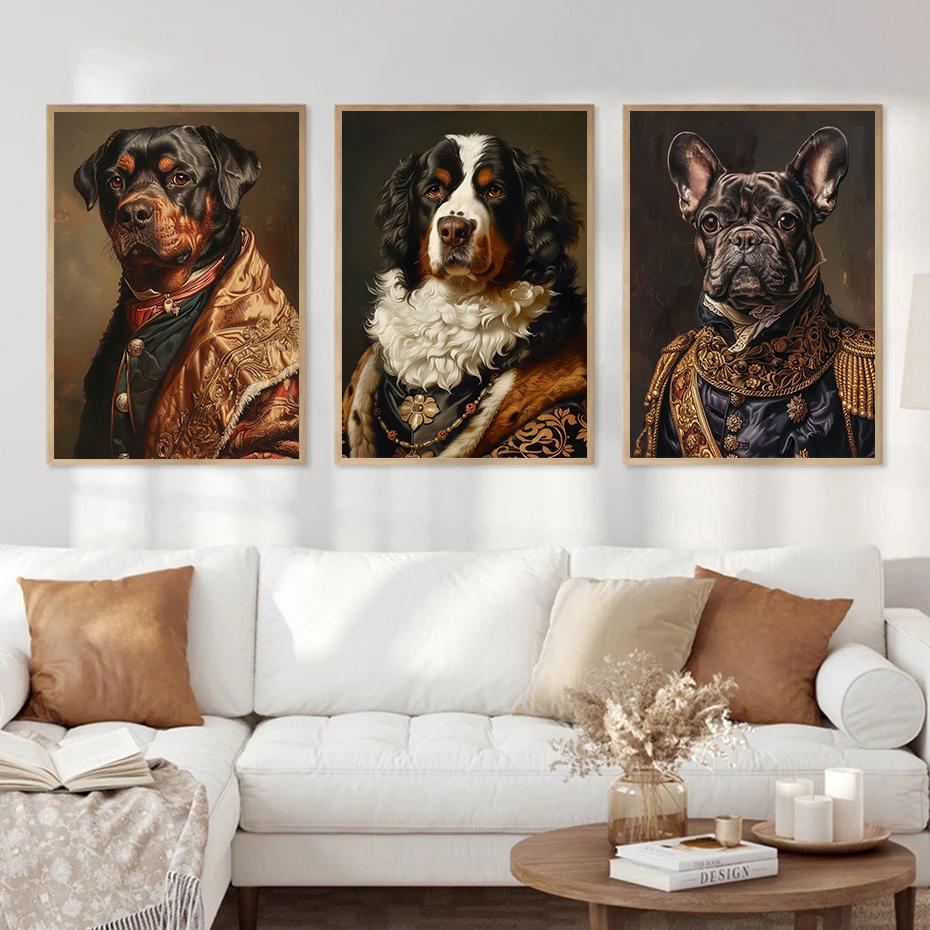 French Bulldog Chihuahua Poodle Dogs Royal Portrait Canvas Painting Print Art Posters Vintage Wall Art Mural for Home Decor