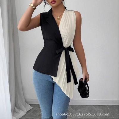 Women's New Summer Sleeveless Contrasting Tops with Tie Waist and Elegant Tops