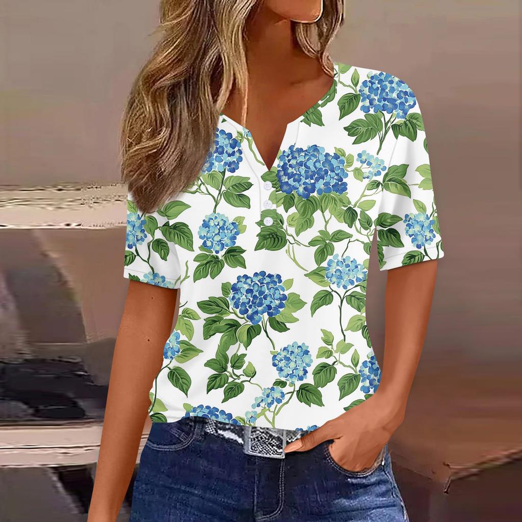 Women's T Shirt Print Button Short Sleeve Daily Weekend Fashion Basic V-Neck Regular Top