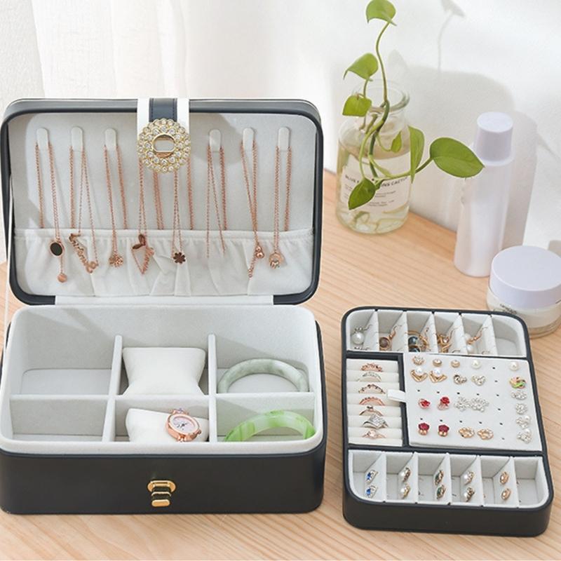Jewelry Box with PU-Covered Exterior, Lift-Out Upper Tray, Ring Rolls, Earring Panel, Necklace Hooks, and Lid Pocket