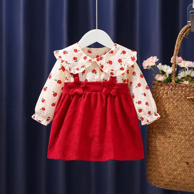 Höst Nyfödd Flickor Långärmad Klänning Tecknad Fragmenterad Blomma Revers Baby Prinsessklänning Blomma Remklänning