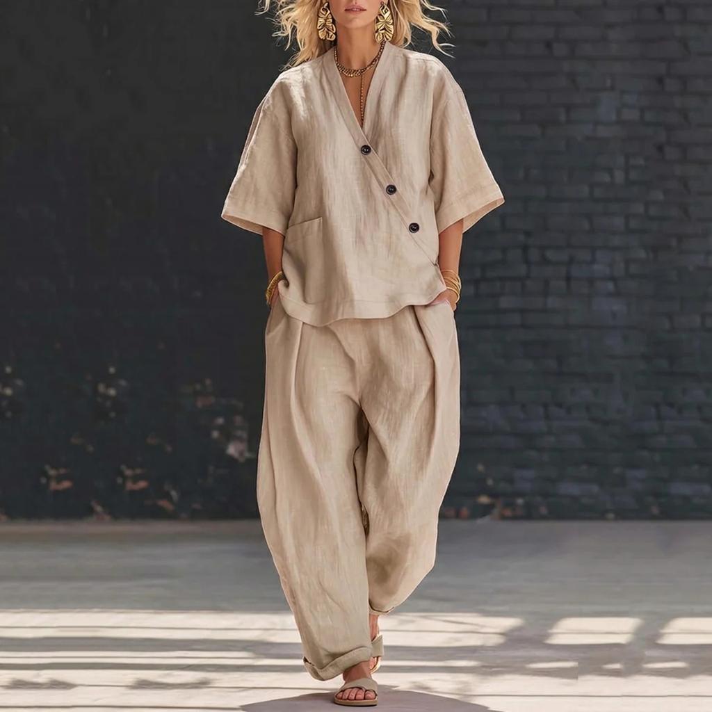 Women's Fashionable Casual Loose-Fit V-Neck Short-Sleeve Two-Piece Set