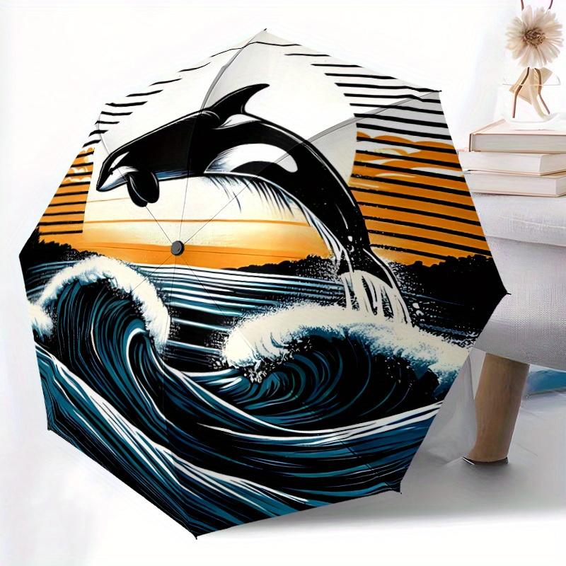 1pc Whale Waves Auto Open/close, All-Season Portable Folding Umbrella for Women & Men, Travel, Everyday, Formal Events - Compact Luxury Parasol, Outdo