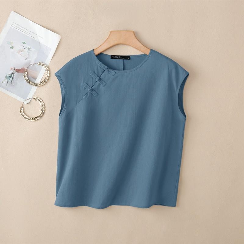 ZANZEA Women Casual Round Neck Solid Color Sleeveless Blouse