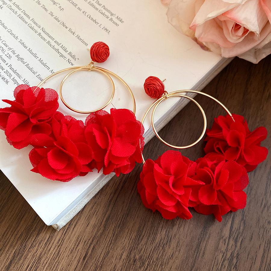

Silver needle raffia chiffon flower pendant earrings holiday style fresh and sweet stud earrings niche high-end earrings