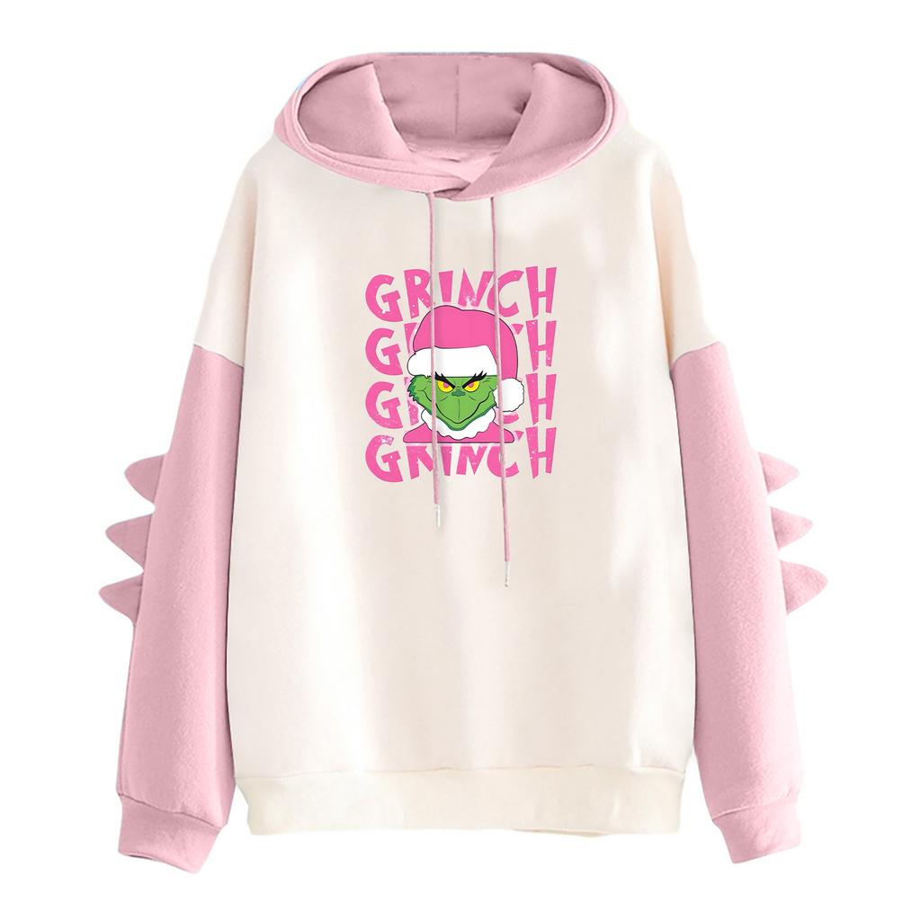 Women's Christmas Printed Contrasting Dinosaur Loose Casual Hoodie