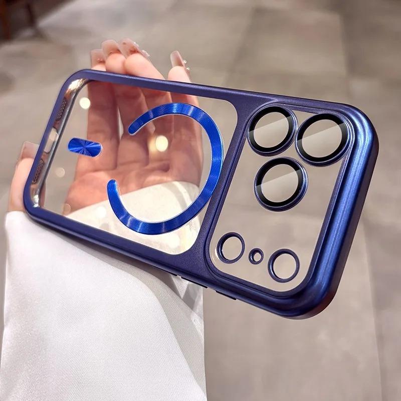 Magnetic Plating Transparent Phone Case For iPhone 17 16 15 14 13 Pro Max 15Pro 17Pro For Magsafe Lens Protector Clear Cover
