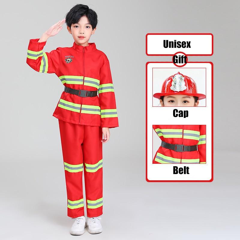 Dziecięcy strój strażaka do przebierania czerwony poliestrowy zestaw kostiumowy strażaka z paskiem i czapką z daszkiem