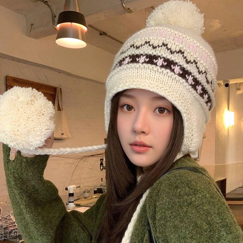 Warm Jacquard Knitted Hat Printed Ear Protection Hat Fashion Printing Knit Cap  Autumn