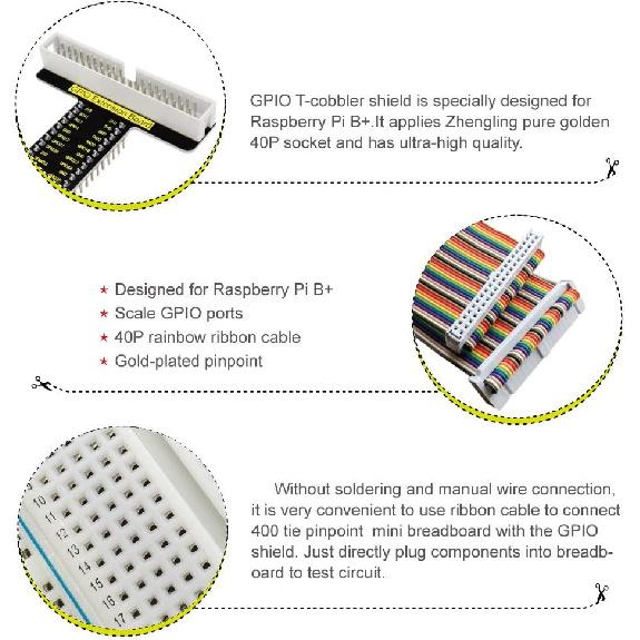 KEYESTUDIO GPIO Breakout Kit for Raspberry Pi - Assembled Pi Breakout + Rainbow Ribbon Cable + 400 Tie Points Solderless Breadboard