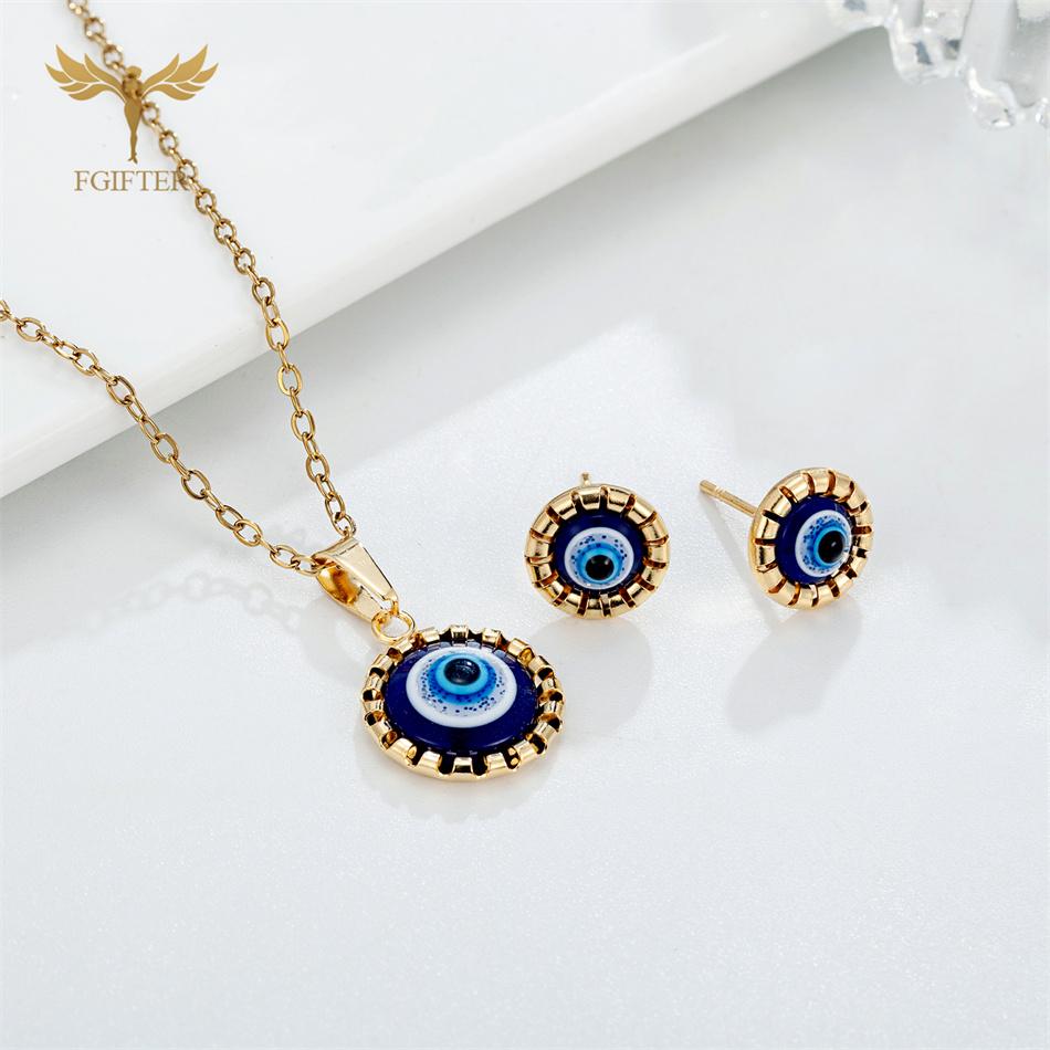 Fashion Turkish Blue Resin Eye Zircon Set Stainless Steel Chain Pendant Necklace Stud Earrings Women Accessories Lucky Amulets