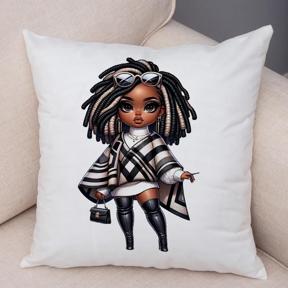 Fashion Cartoon African Girl Pillow Case Soft Plush Cushion Cover for Sofa Home Decor Cute Black Women Throw Pillowcase
