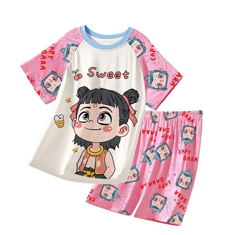 Girls Modal Cotton Pajama Set Short Sleeve Lightweight Sleepwear Cartoon Print Home Outfit Kids