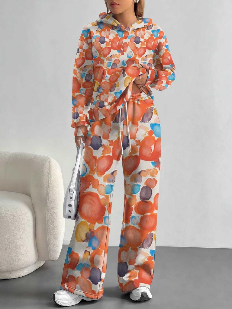Flowers European, American Autumn and Winter Casual Long-sleeved Suit Women's Hooded Sweater Trousers Two-piece Set
