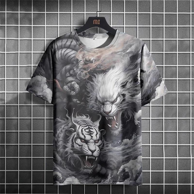 Full Print Animal Dragon Tiger Graphic T Shirt For Men Summer Short Sleeve Oversized Tshirts Tops 3d Print Men's T-Shirts