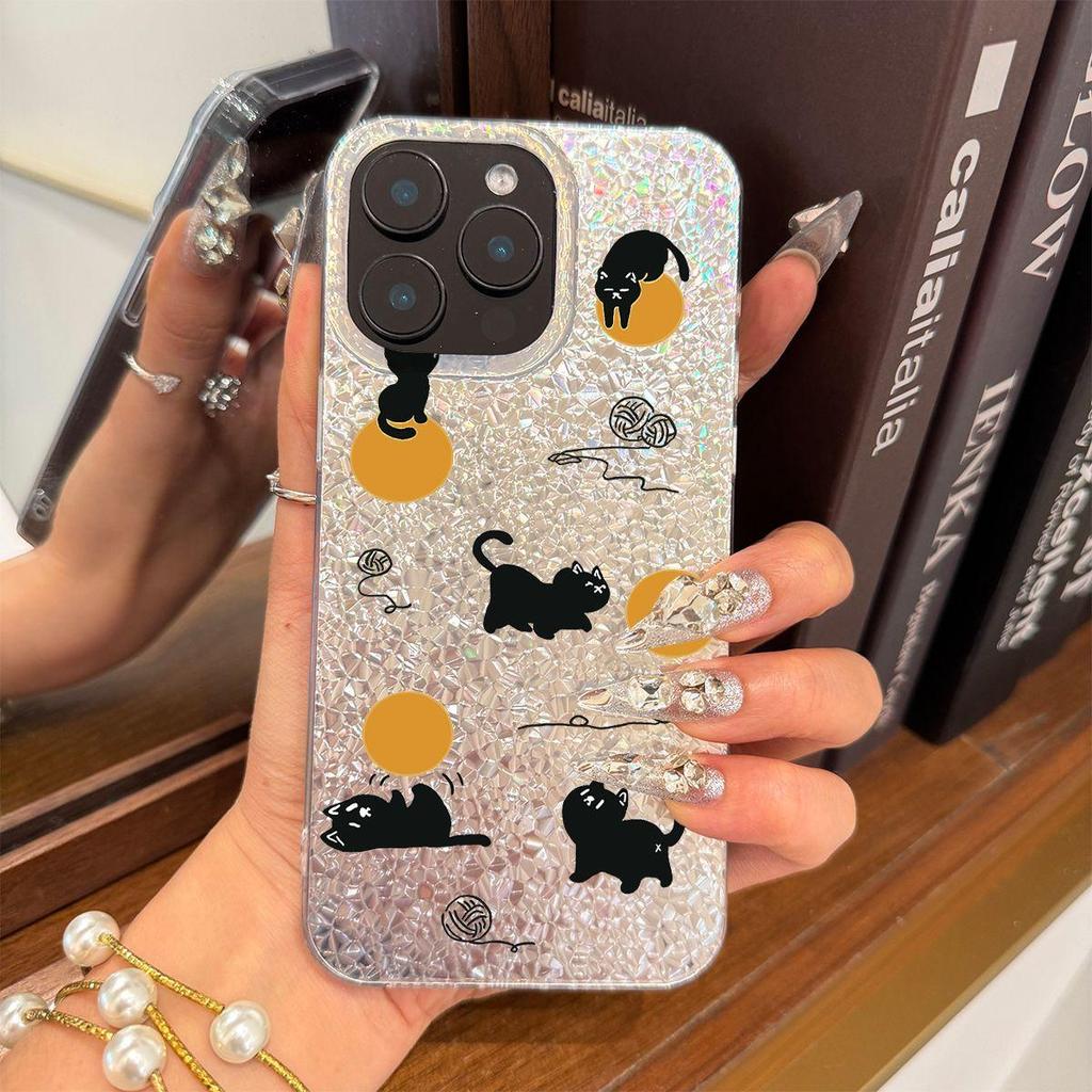 Black Cats with Balls Case for iphone 16 Plus XR XS Max 18 Pro Max 17 Pro 11 13 Air 15 12 14 Silver Glitter Crackle Background