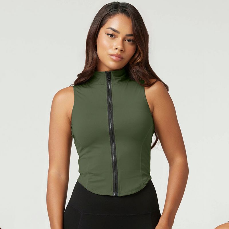 

Irongirl Yoga Vest Women s Turtleneck Waist-Tight Sports Tops Sexy Slimming outside Wear Workout Clothes Sleeveless Vest Army Green S