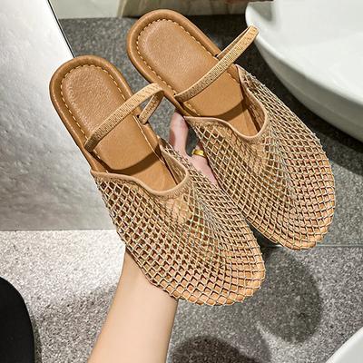 Large Size Flat Slippers for Women's Summer 2025 New Fashion Fishing Net Socks Slippers with Rhinestone Mesh Casual Sandals