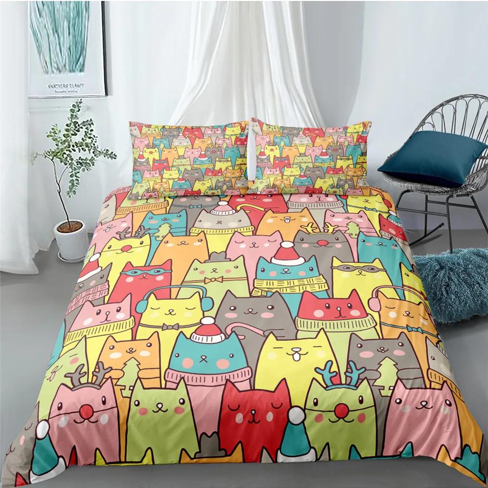 Carton Cat Soft Duvet Cover Set for Children Kids Girl Microfiber Kiten 2/3pcs Carton Animal Beding Set Single Twin Quen King Comfortable Quilt Cover