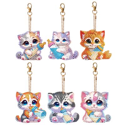 6 Pièces Porte-clés Peinture Diamant Ornement Suspendu Oiseau Chat Fleur Gnome Peinture Strass Porte-clés Pendentif pour Décoration de Maison
