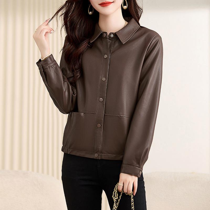 Fashionable and Versatile Genuine Leather Jacket for Women Short Spring and Autumn Sheepskin Motorcycle Lapel Leather Jacket for Women