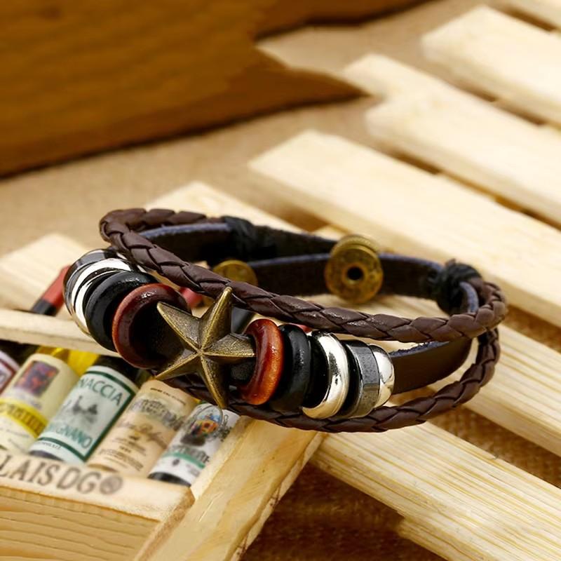 Direct Factory Sale Hand-Woven Retro Korean Style Cowhide Leather Cuff Bracelet for Men Size Adjustable Accessory