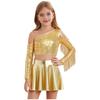 Kids Girls Metallic Stage Costume: One Shoulder Long Sleeve Sequined Crop Top & High Waist Pleated A-Line Skirt for Jazz Dance