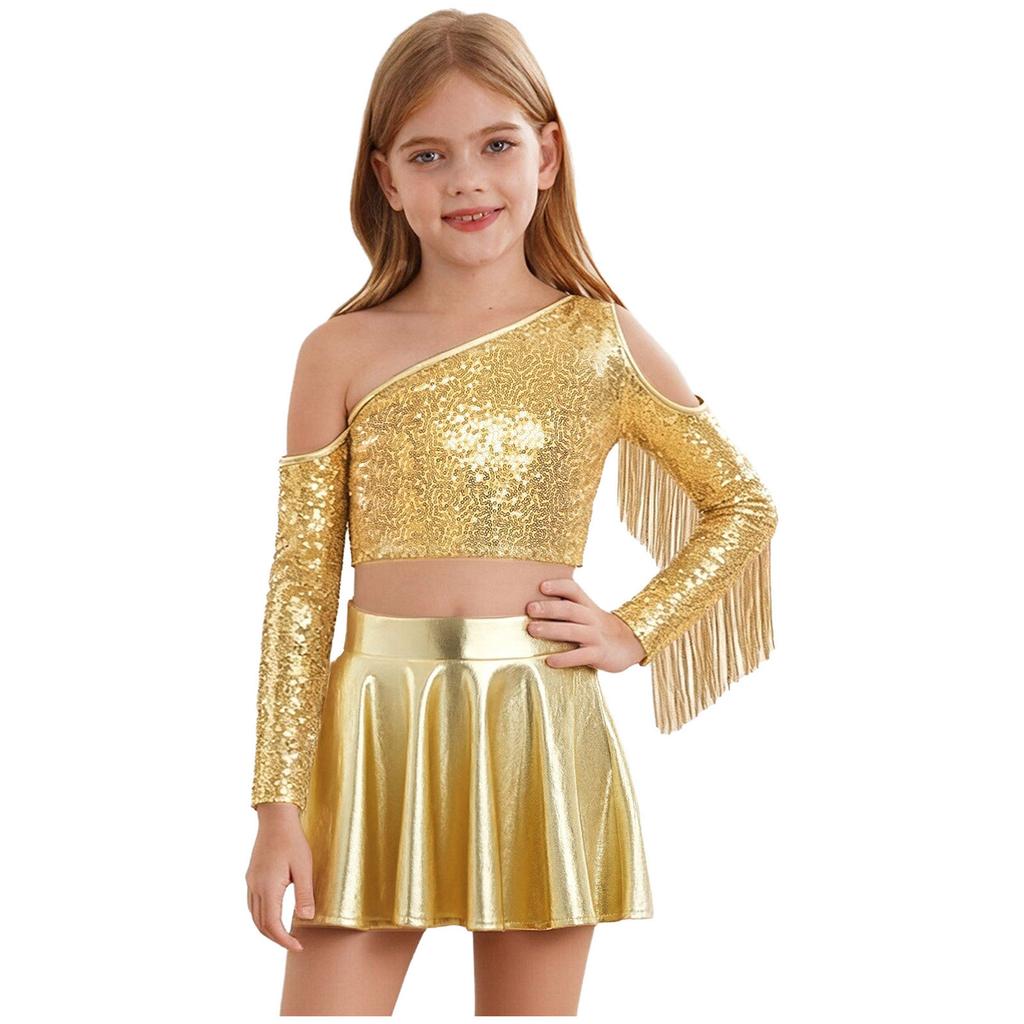 Kids Girls Metallic Stage Costume: One Shoulder Long Sleeve Sequined Crop Top & High Waist Pleated A-Line Skirt for Jazz Dance
