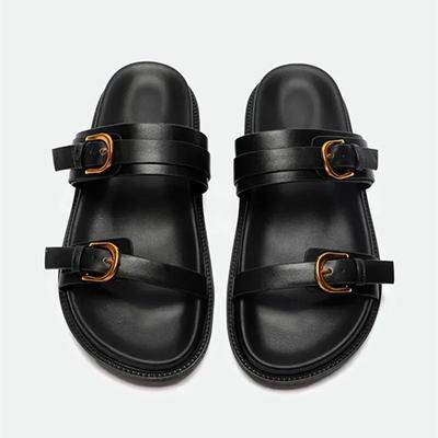 Mode Luxusmarke Designer Plateau-Slipper für Damen Sommer Hohe Qualität Weiches Leder Metall Schnalle Pantoletten Strand Flache Schuhe