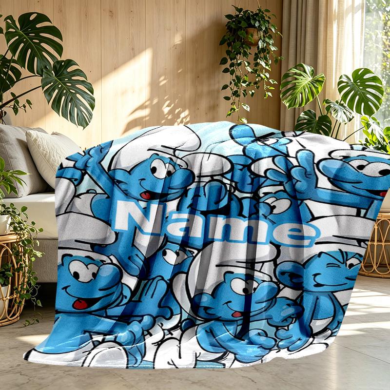 Custom Name Personalized Blue Smurfs Print Blanket, Home Decor, Bedroom, Sofa, Camping, Couch, Gifts for Birthday Christmas