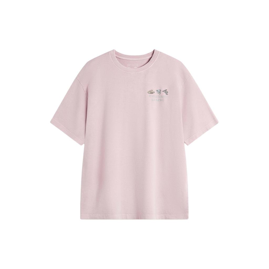 Li Ning Sports Fashion Series Letter Print Loose Round Neck Short Sleeve T-Shirt Men Tops Light-Pink AHSUA29-3