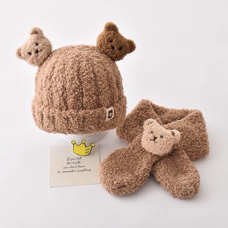 Autumn and Winter Children's Plush Bear Hat Scarf Two-piece Set Plush Warm Scarf Cute Baby Cartoon